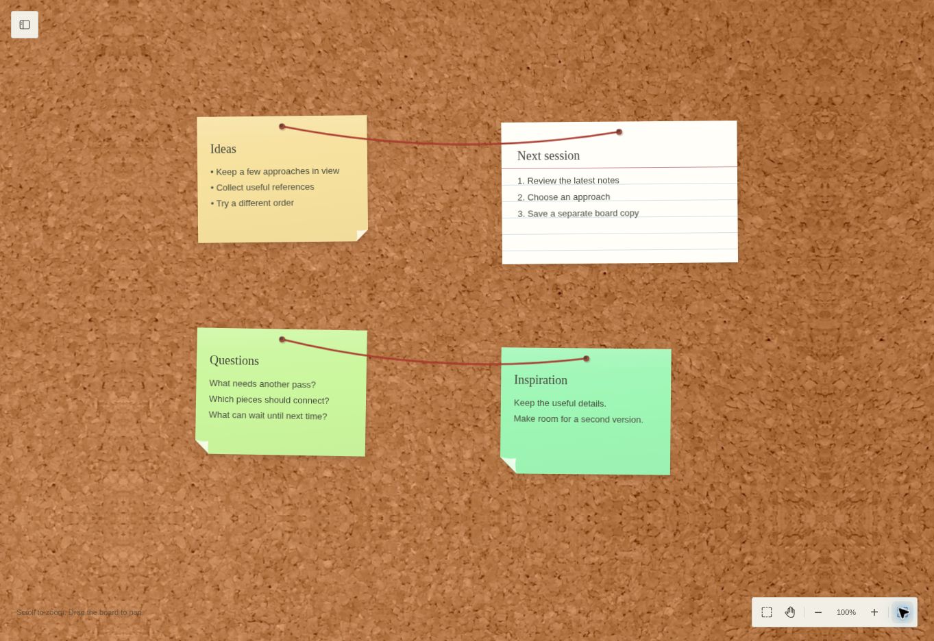 An actual TackShape board with yellow, green, and mint notes, a lined index card, and red string connecting the ideas.